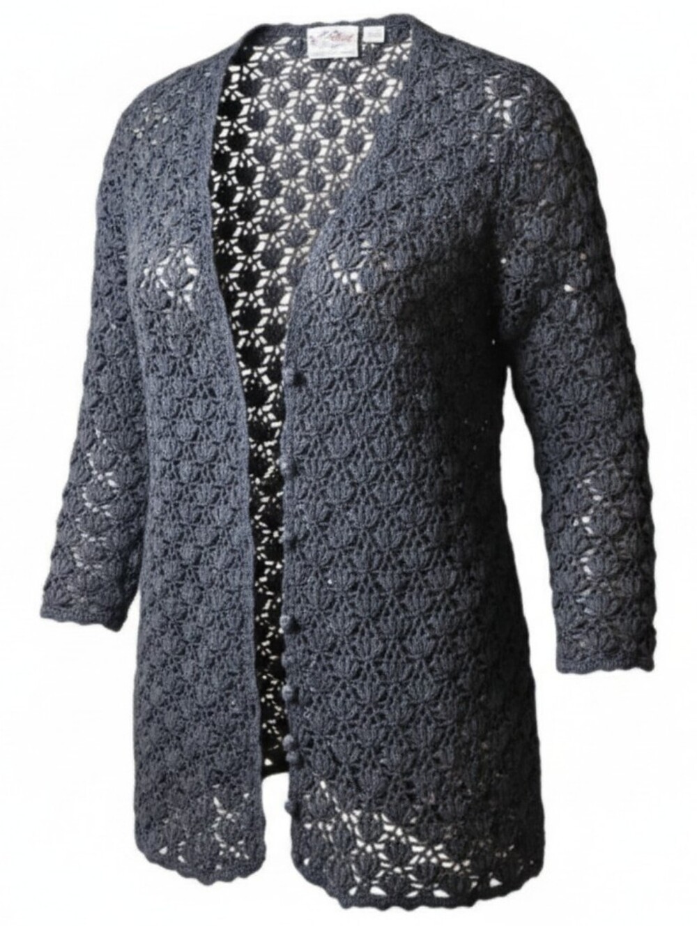 EXTRA TOUCH | Solid Black Dark Fairy Floral Crochet Button Front Cotton Cardigan